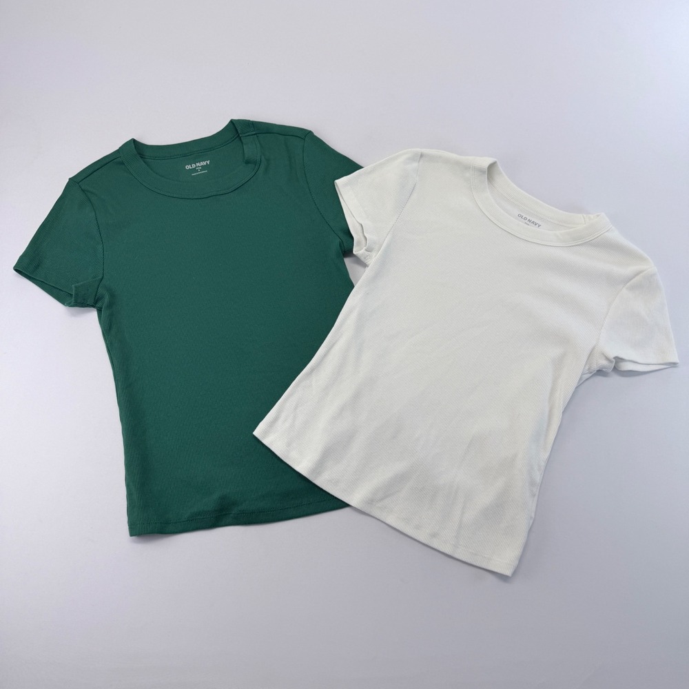 Old Navy Snug Fit Ribbed Short Sleeve T-Shirt 2 Pack Green White Small